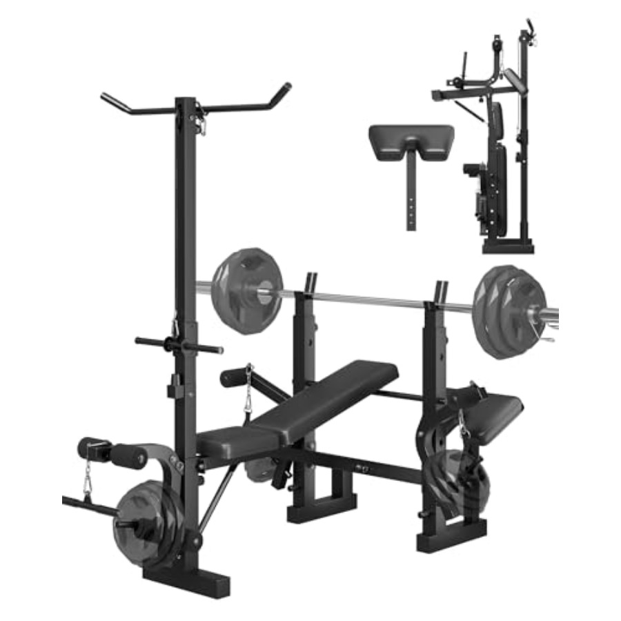 Home Gym Lat Pulldown - ホームジム8in1折りたたみ式ウェイトベンチセット（プリチャーカールパッド、ラットプルダウン、レッグエクステンション、カールアタッチメント付き）全身エクササイズ用