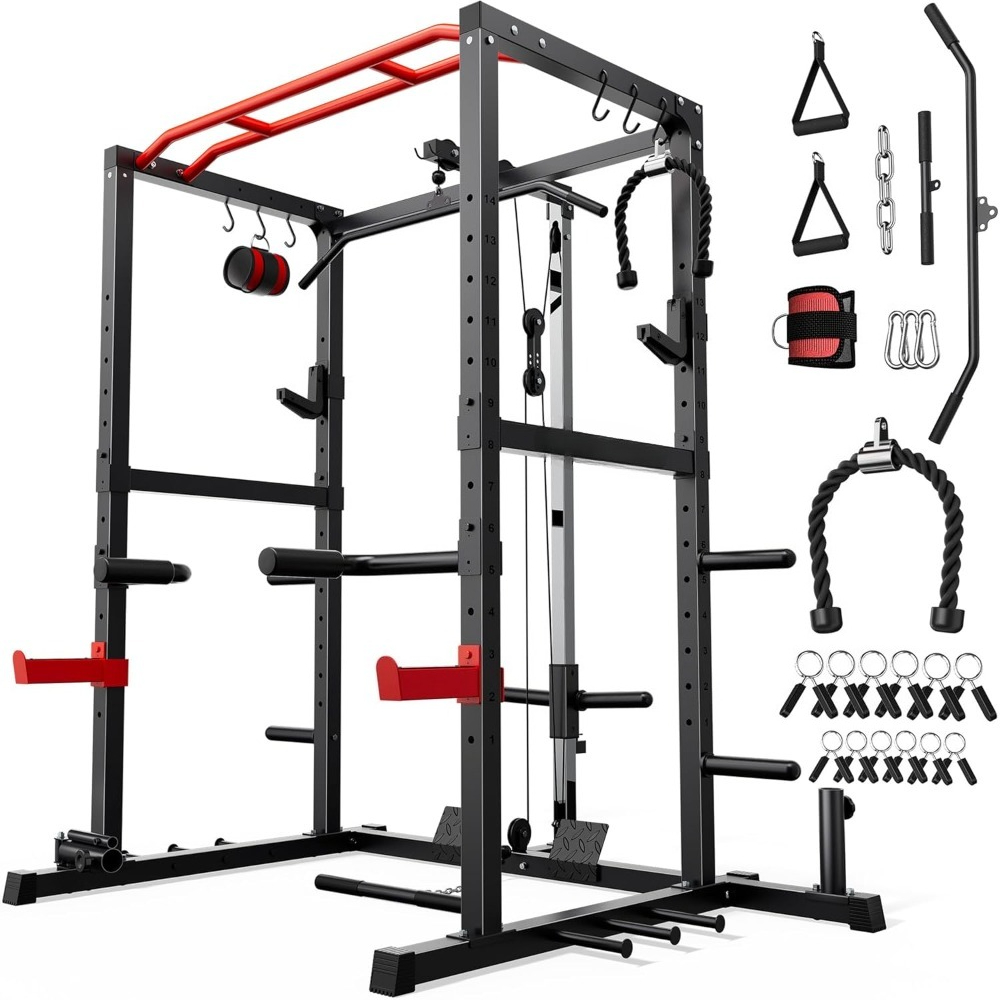 Home Gym Lat Pulldown - 多機能パワーケージスクワットラック（プーリーシステム＆ラットプルダウンJフック付き）ホームジム用、カスタムメイド