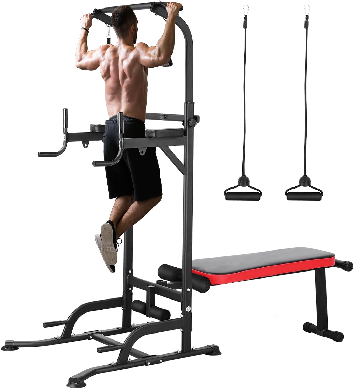 Pull Up Bar Tower - パワータワー（ベンチ付き）、懸垂バー、ディップススタンド、耐荷重400ポンド、高さと角度調整可能、ホームジム用