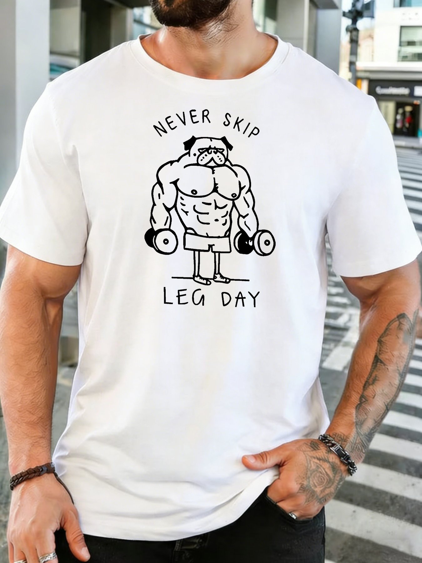 Home Gym Leg Day - メンズジムフィットネス筋肉質パグダンベルレッグデーを欠かさないでグラフィッククルーネック半袖ソフトコットンワークアウトカジュアルベーシックTシャツ