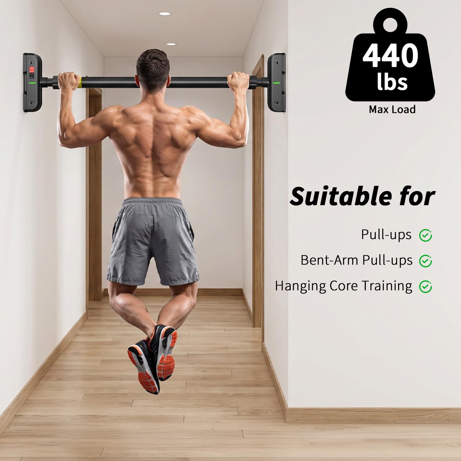 Suspension Trainer Door - ドア枠用懸垂バー、ネジ不要、耐荷重440ポンド | 調節可能な72-95cm（28.3インチ-37.4インチ）チンニングバー、デュアルギアロック、レベルメーター、滑り止めPVCパッド付き、ホームジム筋力トレーニング用